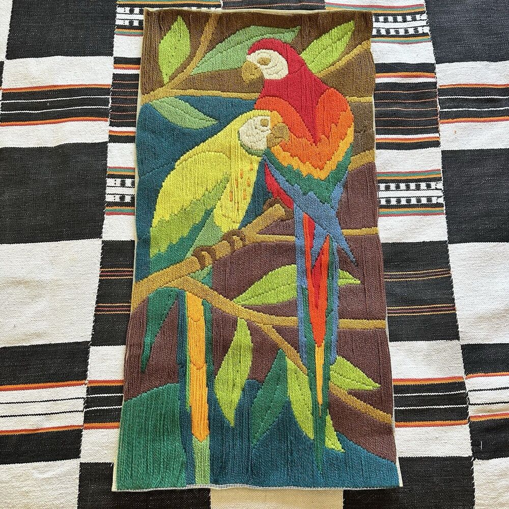 Vintage 60’s Long Stitch Needlepoint Wall Tapestry Decor. Parrots. Macaw. USA.